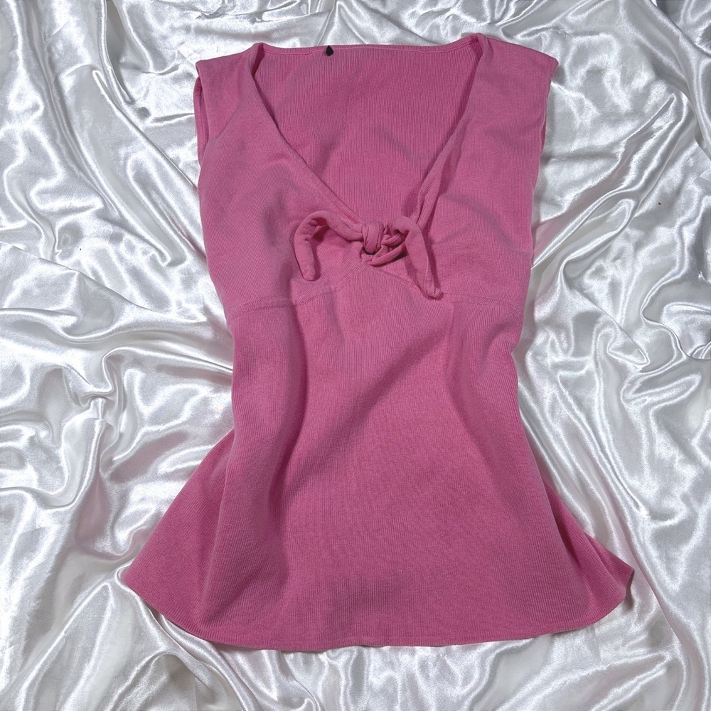 y2k Sleeveless Knit Top Pink Excellent V-Neck Front Tie Ribbed Peplum Blouse